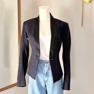 VTG 90s Caché Navy Brocade Tuxedo Blazer Jacket 0 Dark Academia Whimsigoth Silk